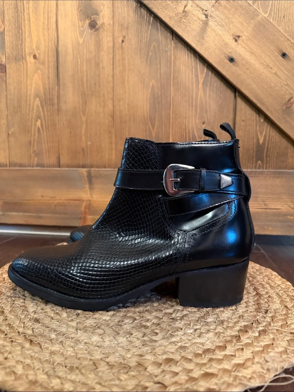 H by Hudson Black Embossed Leather Ankle Boot with Buckle size 40